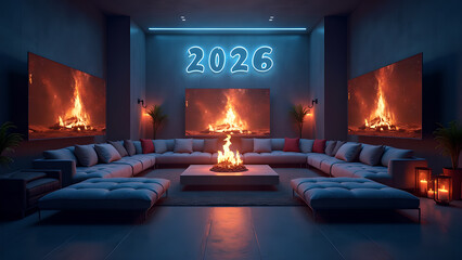 Cozy futuristic living room with fireplace screens and neon 2026 sign creating a warm and inviting