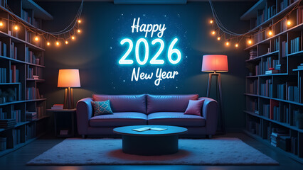 Cozy New Year 2026 library ambiance creating anticipation and festive atmosphere with comfortable