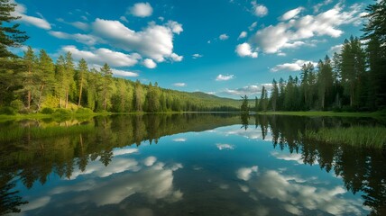 Crystal Lake and Pine Reflections beneath Fluffy Clouds