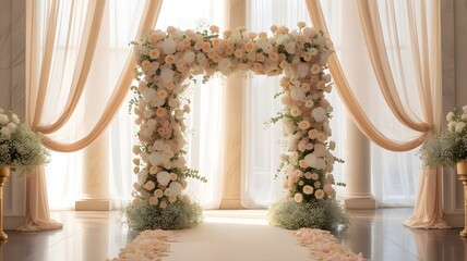 Classic Blush Rose Wedding Altar with Draped Curtains Timeless Elegant Ceremony Stage