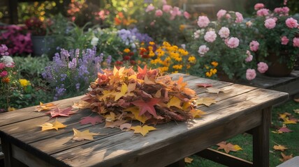 Pile of Colorful Autumn Leaves on Rustic Table Surrounded by Flowers