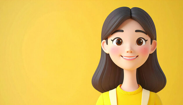 黄色の無地背景。笑顔の女性。クレイ。キャラクター。Plain yellow background. Smiling woman. Clay. Character.