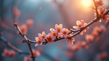 Delicate blossoms adorn a branch softly illuminated by the morning sun creating a serene spring