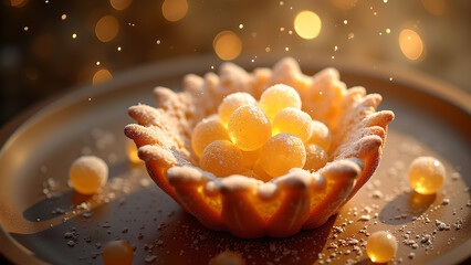 Delicate sugared dessert cup brimming with golden spheres under sparkling ethereal light creates