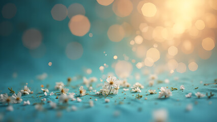 Delicate white blossoms on turquoise backdrop with shimmering bokeh creating ethereal and dreamy