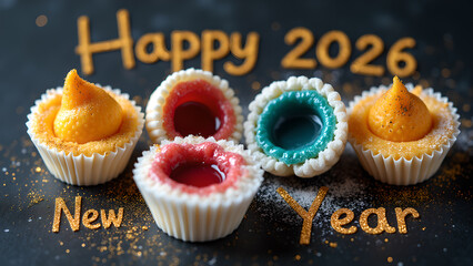 Delicious colorful cupcakes and cookies on a dark background for Happy New Year 2026 celebration