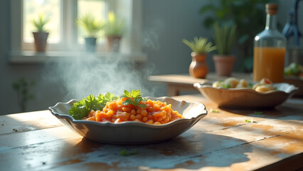 Delicious homemade bean stew with fresh parsley on a rustic wooden table evokes a sense of comfort