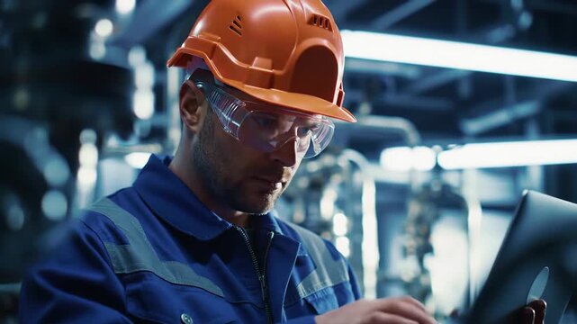 Industrial Worker in Orange Hardhat Using Tablet at Factory with Pipes and Machinery