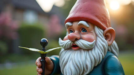 Detailed garden gnome figure with a classic red hat holding a stick in a tranquil garden setting