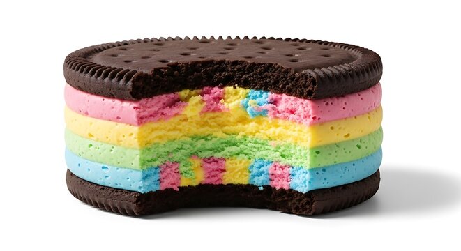 Close-up of a rainbow ice cream sandwich with a bite taken out, showcasing vibrant colors