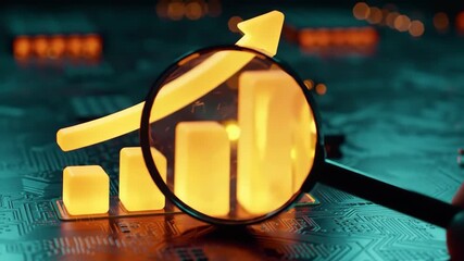 Magnifying Glass Over Rising Bar Graph on Circuit Board Background - Powered by Adobe