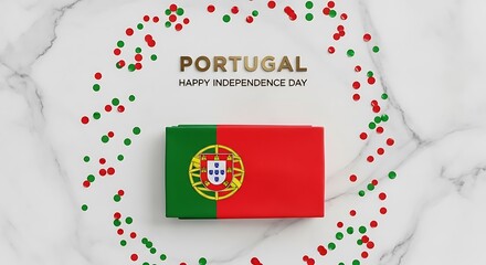 Portugal Independence Day Celebration: Flag, Confetti, Marble Background, Festive Design.