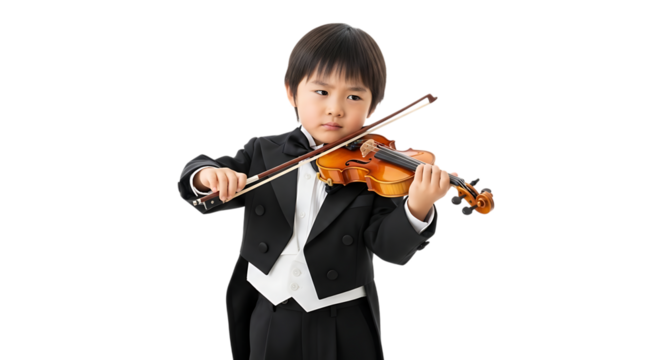 Young boy in tuxedo playing violin isolated on transparent background
