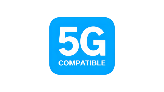 A blue rounded square with the text 5g compatible in white on a black background for technology use