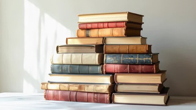 A Stack of Vintage Books in Varied Colors Bathed in Soft Sunlight Against a Neutral Wall