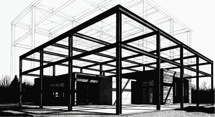 Building framework architecture structure vector line art illustration.