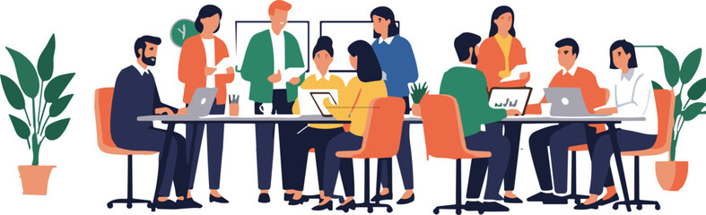 Modern business team working together in office meeting, diverse colleagues discussing ideas, teamwork collaboration and productivity concept