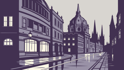 Fototapeta premium Oxford skyline vector art depicts detailed city buildings, creating a captivating street scene. Suitable for travel brochures, postcards, or educational materials.