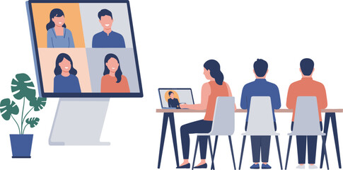 Modern hybrid meeting concept with diverse business team working together online and offline through video conference collaboration setup