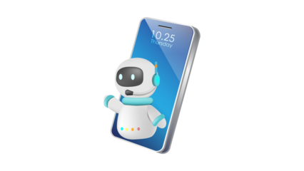Cute AI chatbot robot assistant emerging from a modern smartphone screen.