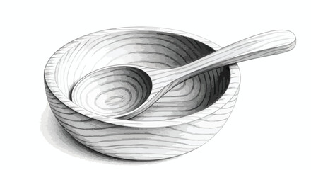 Wooden bowl with spoon minimalist kitchen utensil vector line art.