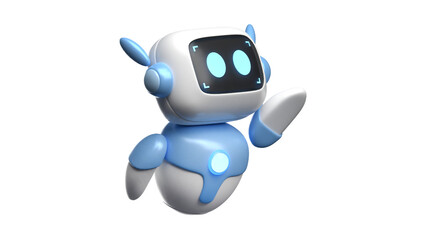 Cute friendly blue and white robot character waving hello.