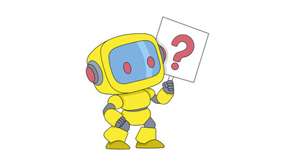 Cute yellow cartoon robot holding a red question mark sign.