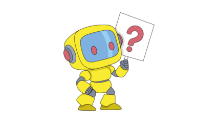 Cute yellow cartoon robot holding a red question mark sign.