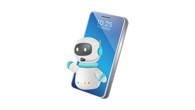 Cute AI chatbot robot assistant emerging from a modern smartphone screen.