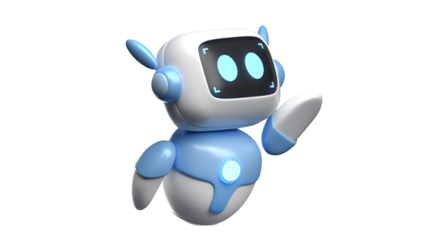 Cute friendly blue and white robot character waving hello.