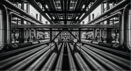 Industrial pipes factory architecture black and white vector illustration.