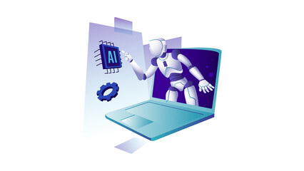 Futuristic AI robot character emerging from a laptop display.
