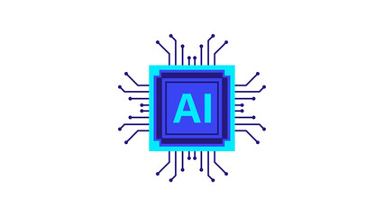 Glowing blue Artificial Intelligence AI processor chip icon with circuit lines.