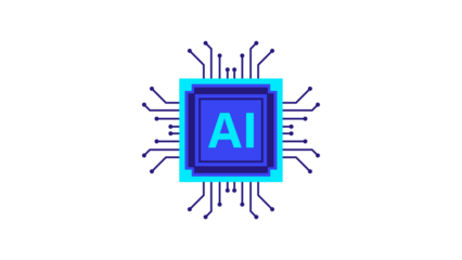 Glowing blue Artificial Intelligence AI processor chip icon with circuit lines.