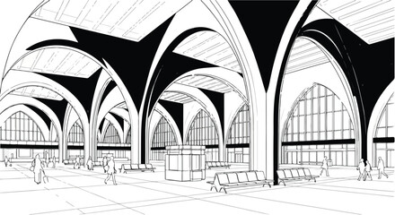 Architectural hall interior arches perspective vector line art illustration.