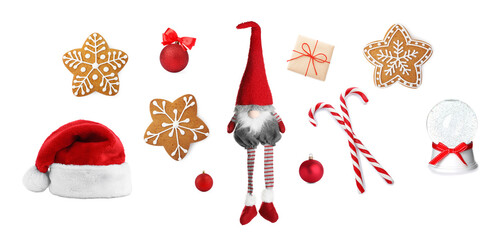 Christmas candy canes, cookies, gift box and festive decor isolated on white, set