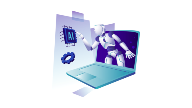 Futuristic AI robot character emerging from a laptop display.
