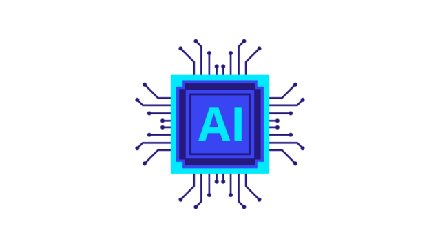 Glowing blue Artificial Intelligence AI processor chip icon with circuit lines.