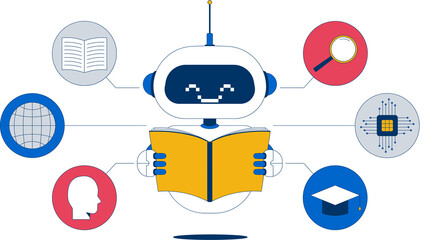 Smiling AI robot character reading a book for machine learning.
