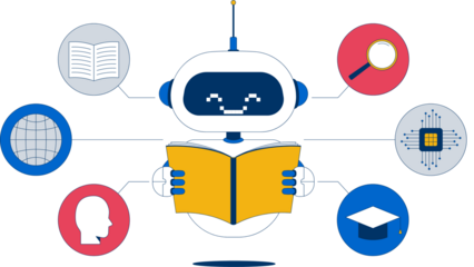 Smiling AI robot character reading a book for machine learning.