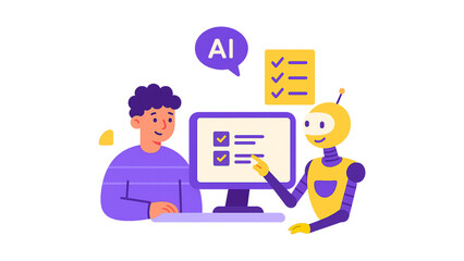 Man working with an AI robot assistant at a computer.