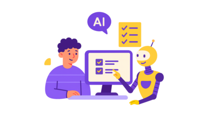 Man working with an AI robot assistant at a computer.