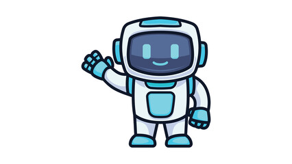Cute friendly cartoon robot character waving hello.