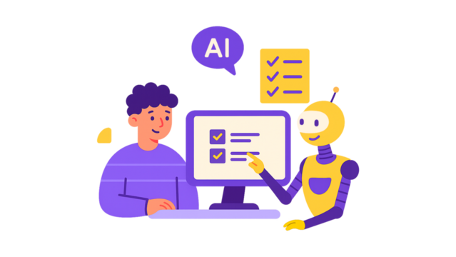 Man working with an AI robot assistant at a computer. - Powered by Adobe