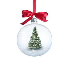 Christmas tree inside festive glass ball on white background. Ornament design