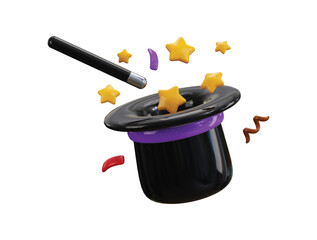 Magic wand and hat with stars icon 3d render concept of Wizard tool, magic stick with spell icon vector illustration