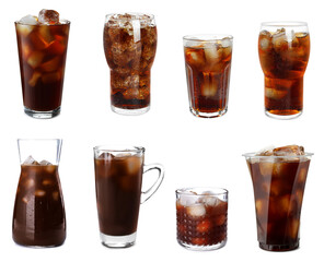 Iced coffee. Different drinks on white background, set