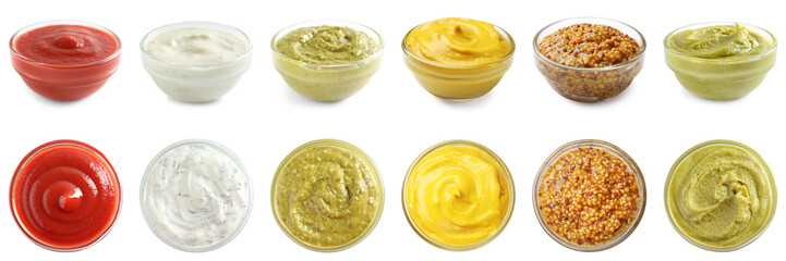 Various condiments in bowls isolated on white, set. Top and side view