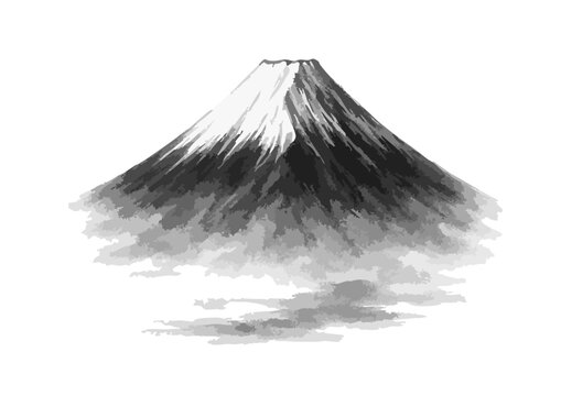 富士山-水墨画風モノトーンイラスト