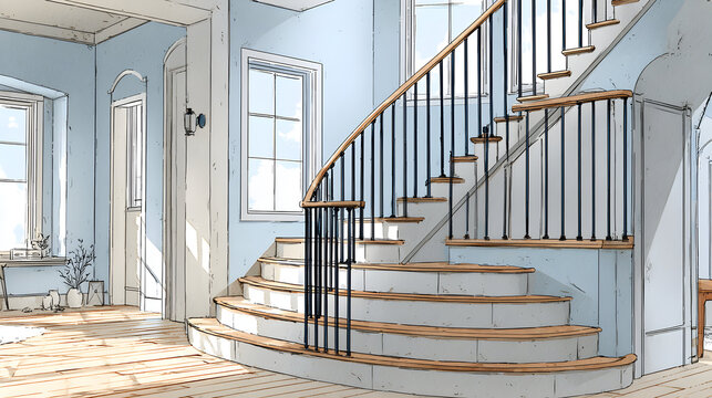 Elegant Staircase Design Sketch with Natural Light and Winding Steps.